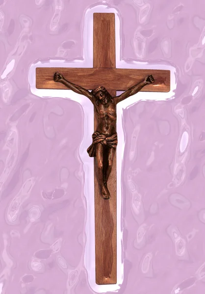 Egy Absztrakt Krisztus Kereszten Szemben Rózsaszín Festék Mázolt Háttér — Stock Fotó