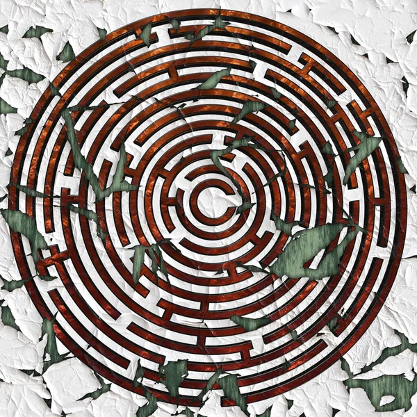 Ein Kupferfarbenes Labyrinth Auf Einem Abblätternden Weißen Hintergrund — Stockfoto