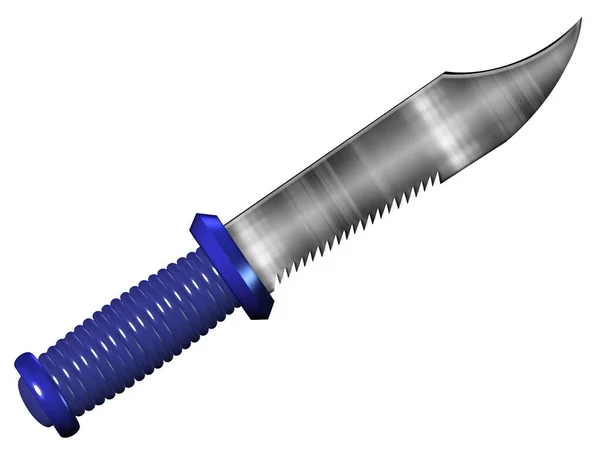 青ハンドルと白に隔離された鋸歯状の刃を持つ狩猟ナイフ — ストック写真