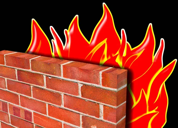 Eine Firewall Dargestellt Rotem Backstein Hält Ein Feuer Auf Schwarzem — Stockfoto
