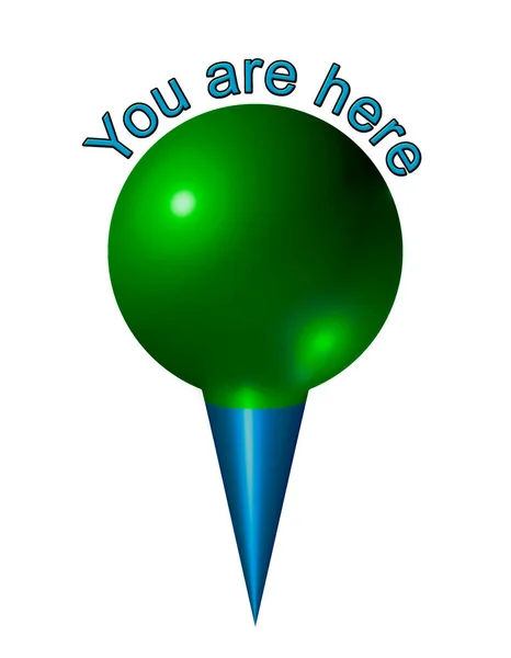 3D你是这里的别针风格图标绿色球体和蓝点 — 图库照片