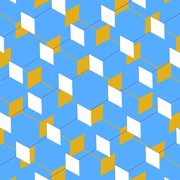 A cubist abstract art box pattern illusion in sky blue and yellow