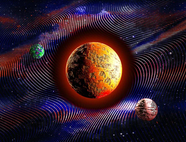 Planets in outer space with colorful time warp sky 3D illustration