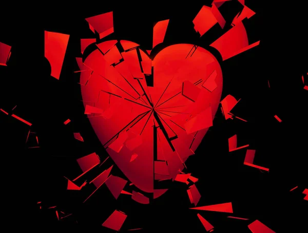 A red heart breaking into pieces on a black background