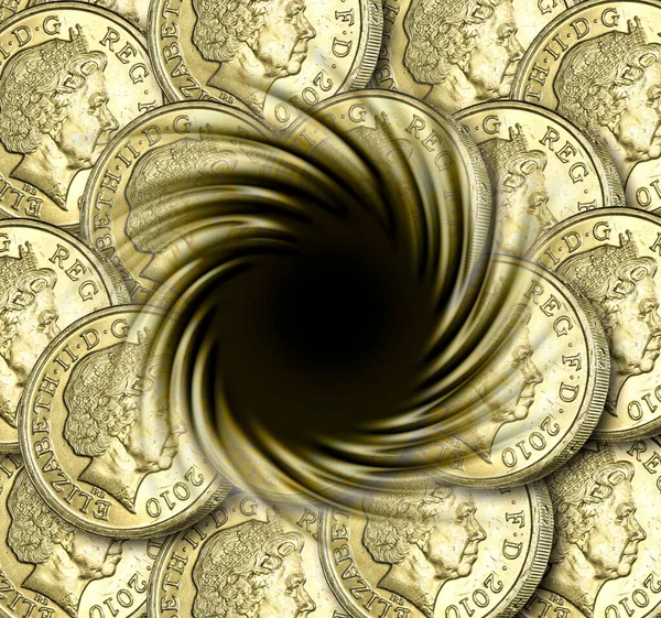 A black hole into which UK one pound coins are falling