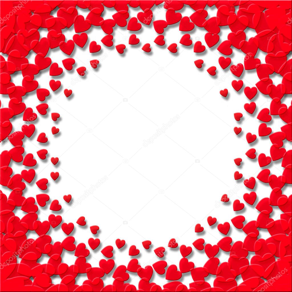 A card design with vibrant red hearts on a white background circle area for copy space in the centre