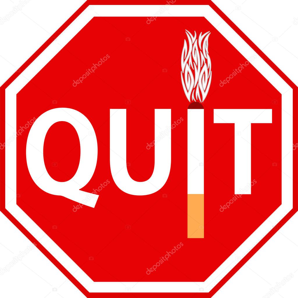 A red and white octagonal Quit Smoking stop sign isolated on white