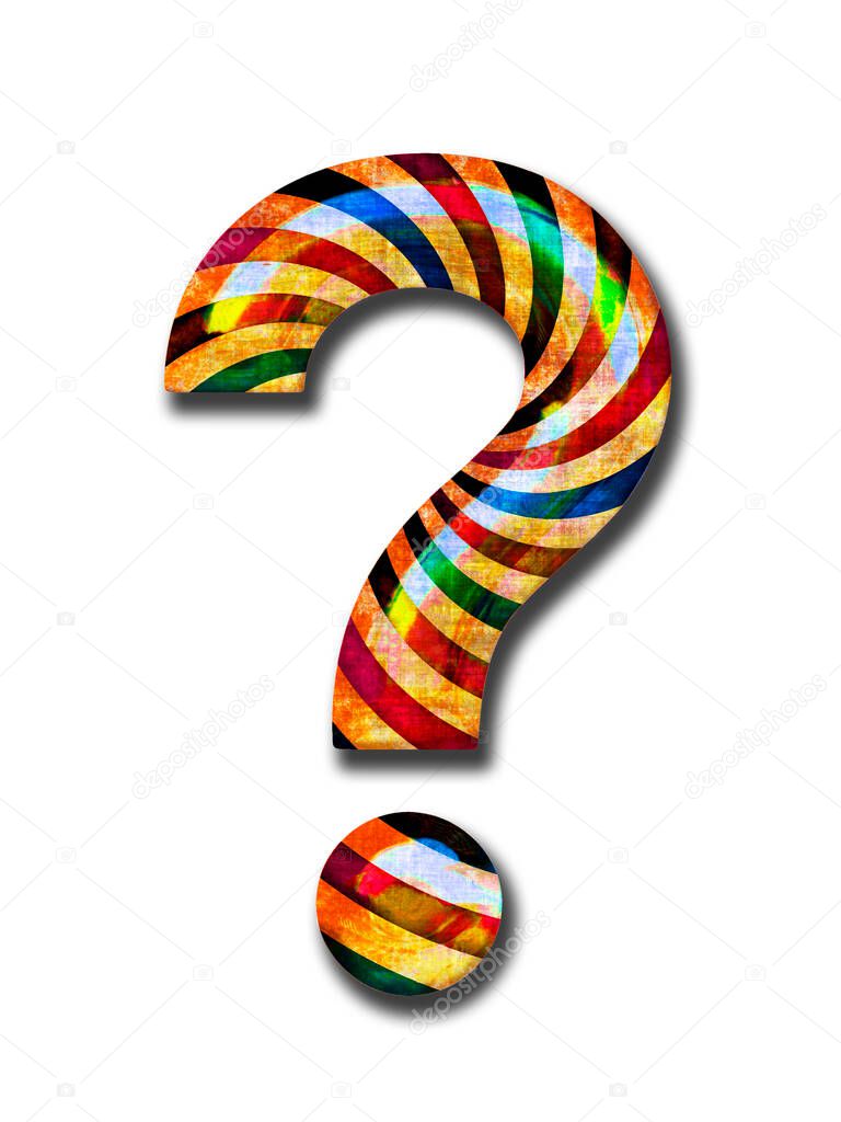 A single cartoon style grungy question mark with colorful stripey pattern isolated on a white background