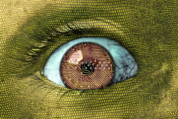 An alien reptilian eye closeup with printed circuit board eyeball design