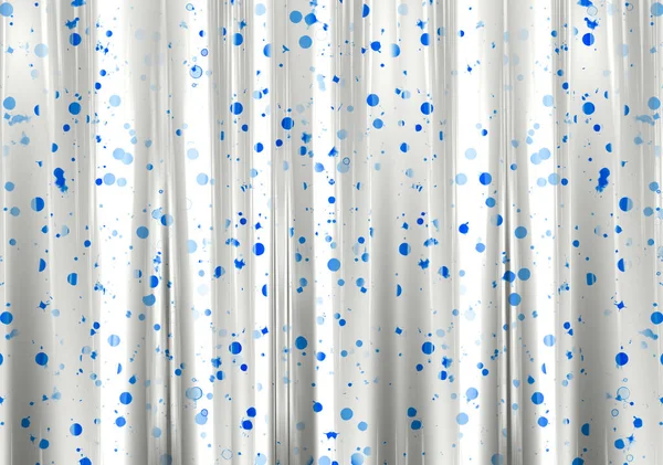 Крупный План Шелковистой Белой Занавески Душа Рисунком Синих Пятен — стоковое фото