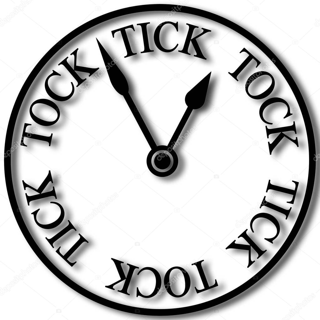 A black and white Tick Tock clock 3D illustration in black isolated on a white background