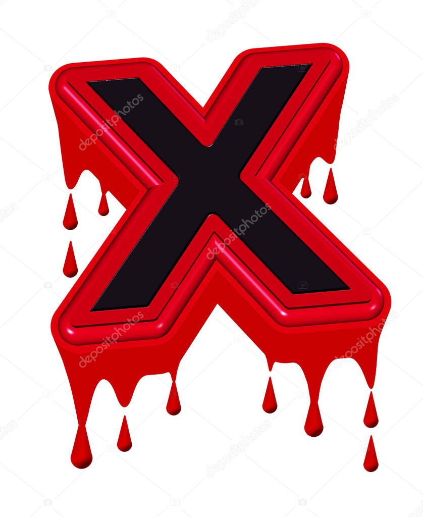 A vote X sign dripping in blood isolated on a white background in 3D illustration