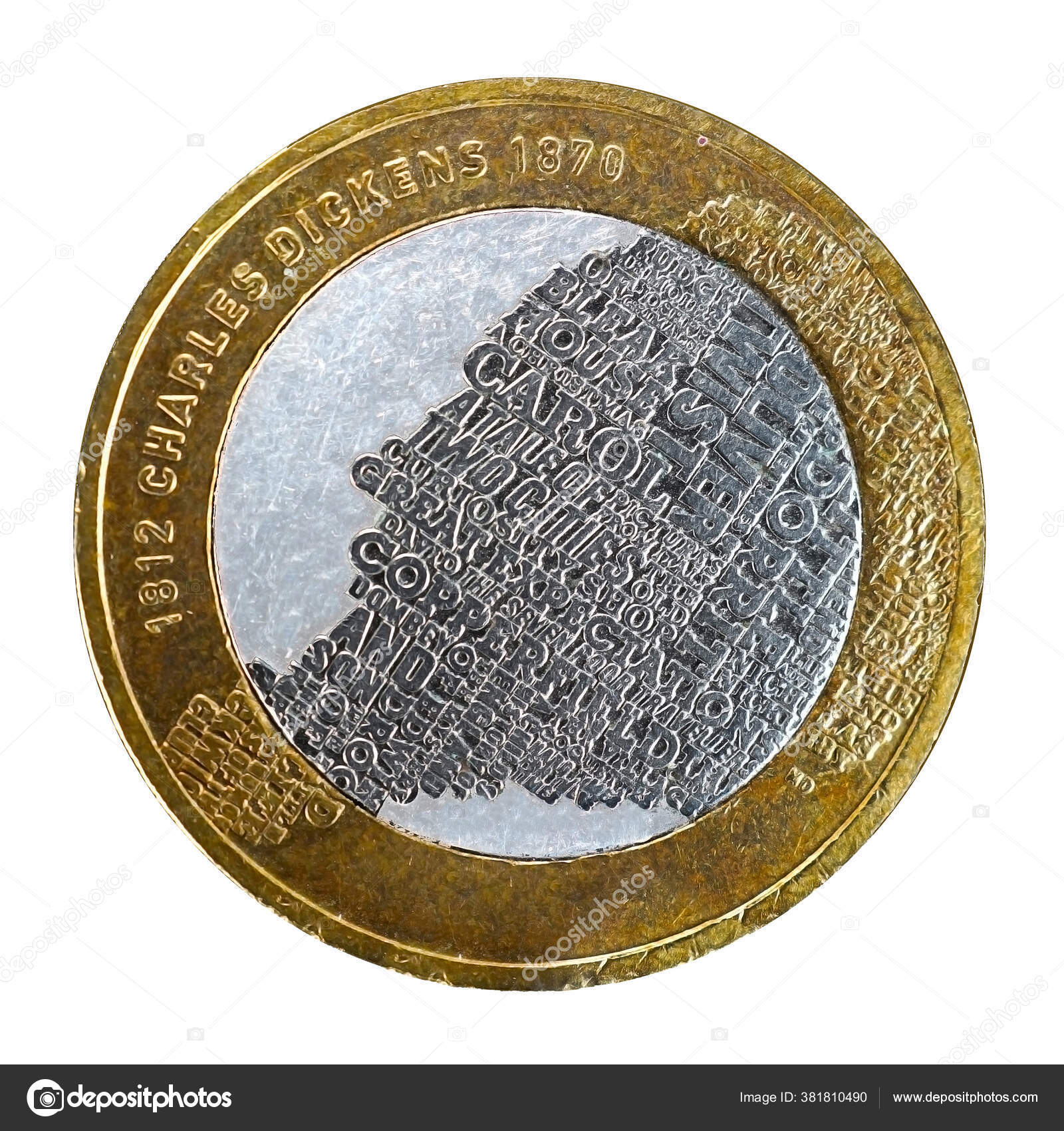 英国一种刻有查尔斯狄更斯的两英镑硬币背景为白色——图库图片© Raydar #381810490