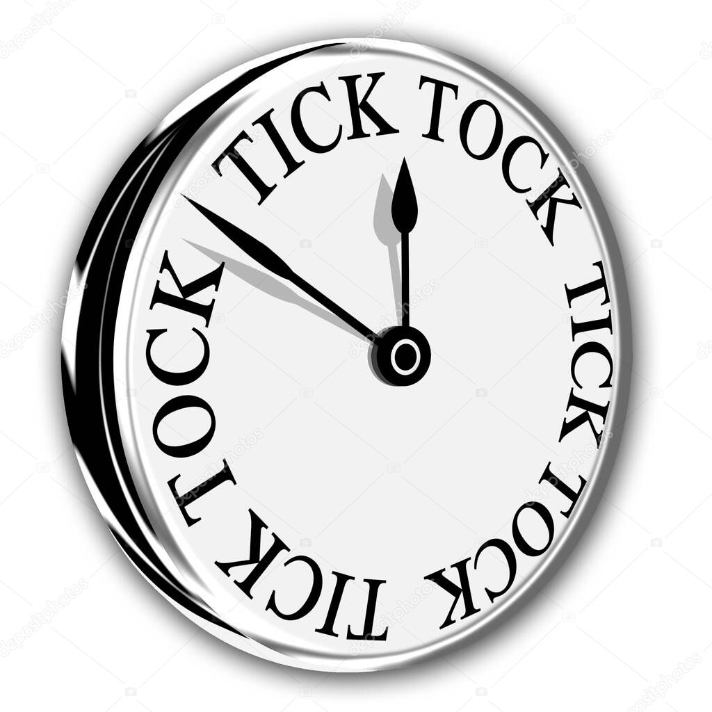 A wall clock with a modern time passing Tick Tock face design in black and white isolated on a white background