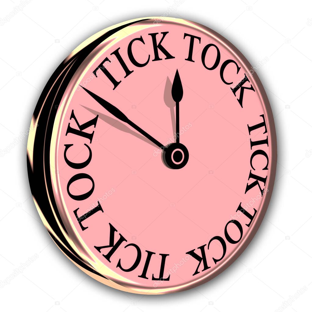 A wall clock with a modern time passing Tick Tock face design in pink and gold isolated on a white background