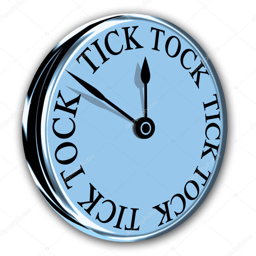 A wall clock with a modern time passing Tick Tock face design in blue and silver isolated on a white background