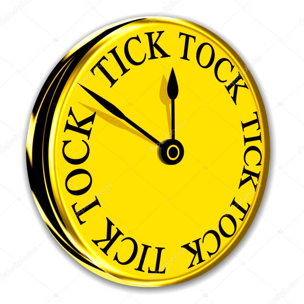 A wall clock with a modern time passing Tick Tock face design in yellow and gold isolated on a white background