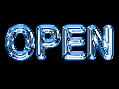 Siyah arkaplanda izole edilmiş 3 boyutlu resimli bir dükkan için mavi neon OPEN işareti