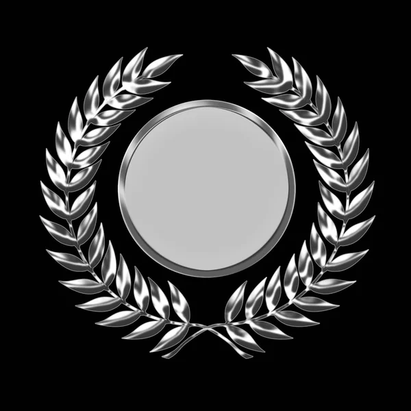 A silver laurel wreath award isolated on a black background in 3D illustration with copyspace