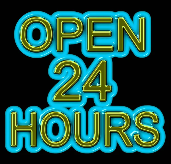 A gold and blue neon OPEN 24 HOURS sign in 3D illustration isolated on black