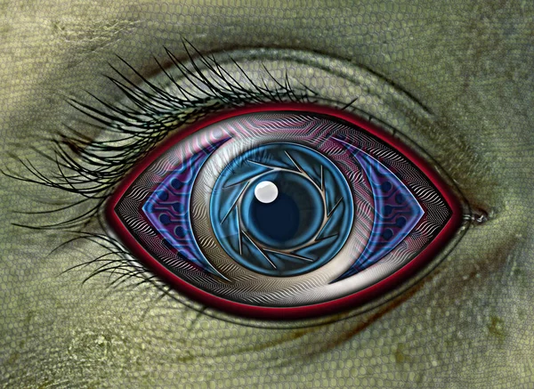 Ένα Κυβερνοεξωγήινο Ρομπότ Ερπετό Μάτι Closeup Τυπωμένο Κύκλωμα Πίνακα Eyeball — Φωτογραφία Αρχείου