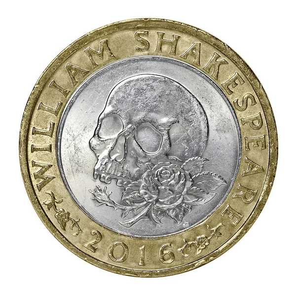 배경에 무늬가 새겨진 파운드짜리 동전을 기념하는 윌리엄 셰익스피어의 — 스톡 사진