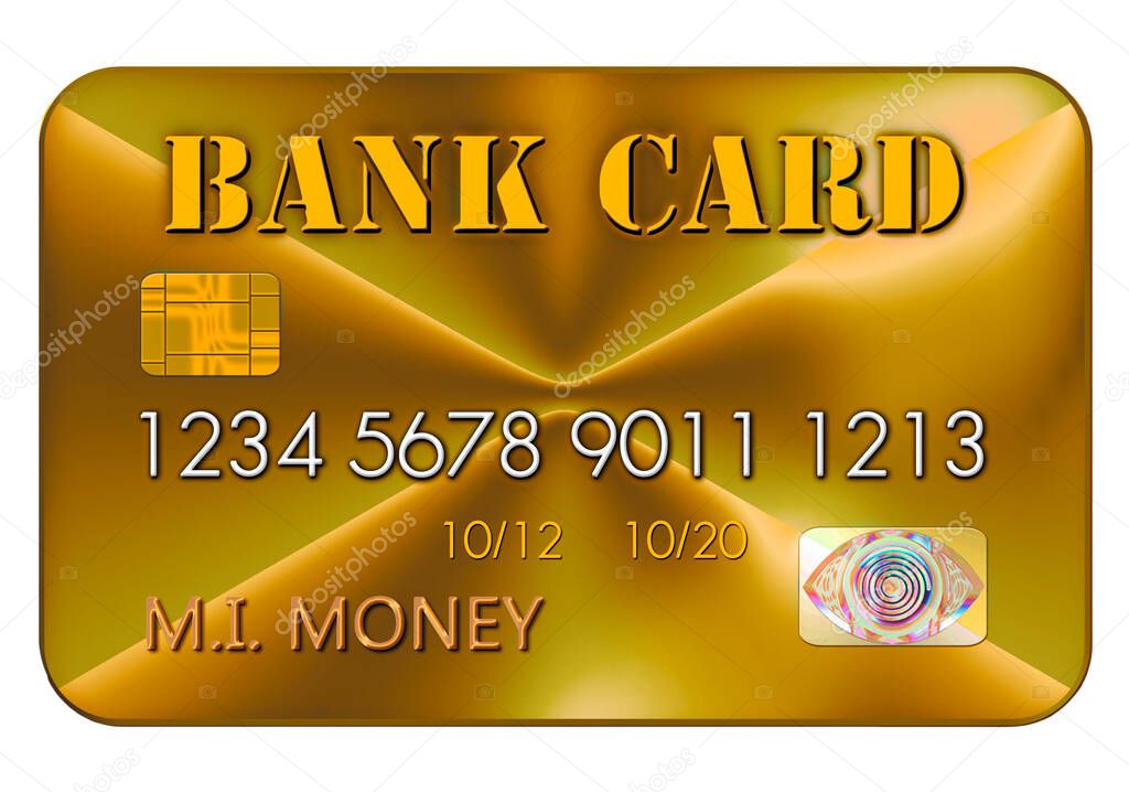 A gold bank card in reflective effect isolated on a white background for use as a design element.