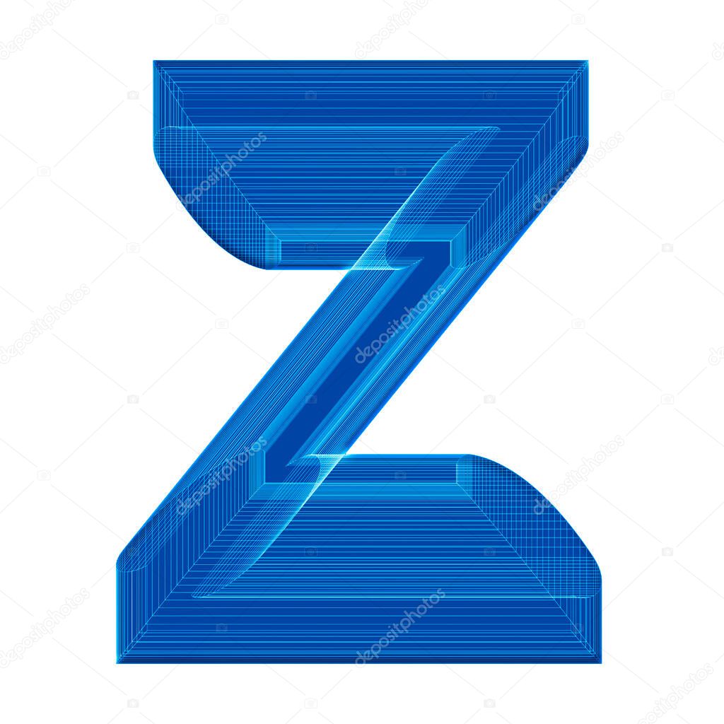 The letter Z in a distinctive unusual wireframe 3D illustration in blue