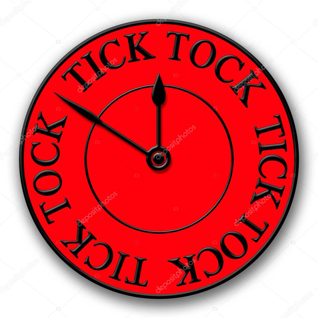 A red and black modern Tick Tock clock face design in 3D illustration isolated on a white background