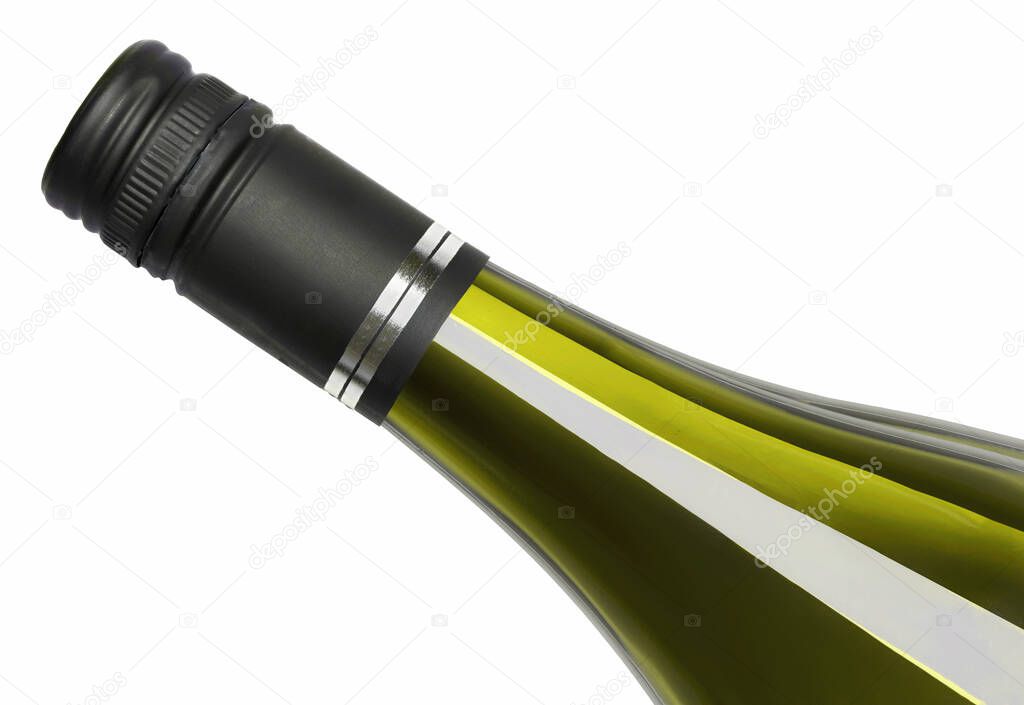 A close up of a bottle of white wine with a screw top isolated on a white background