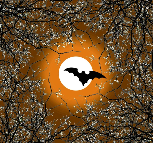 Gruseliges Halloween Plakatdesign Mit Fledermaus Mond Und Ästen Orange — Stockfoto