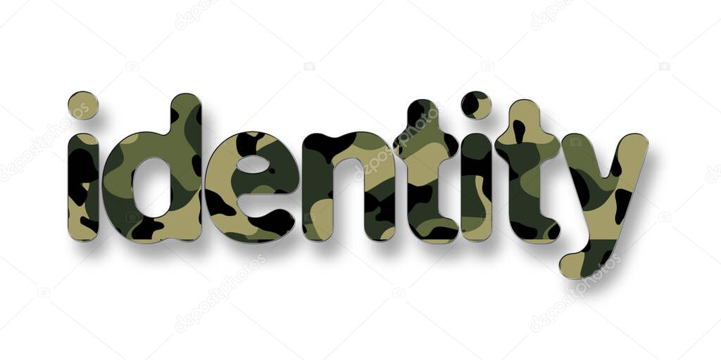 Identity sign text with camouflage design in 3D illustration isolated on a white background