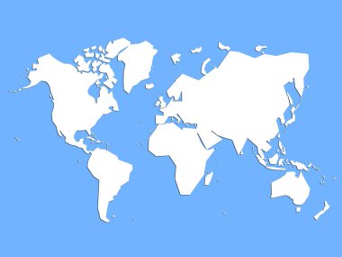 Eğitim amaçlı beyazlı, mavi üzerine beyaz bir dünya haritası.