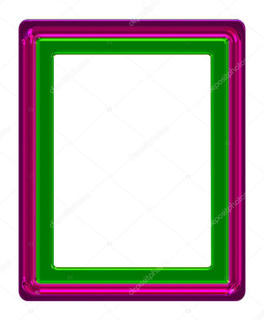 A glass photo frame 8x6 ratio in 3D illustration in purple and green isolated on a white background