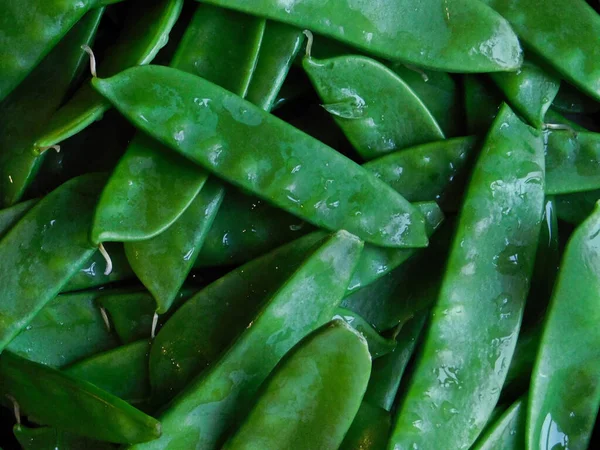 Primer Plano Una Pila Guisantes Frescos Húmedos Con Iluminación Natural — Foto de Stock