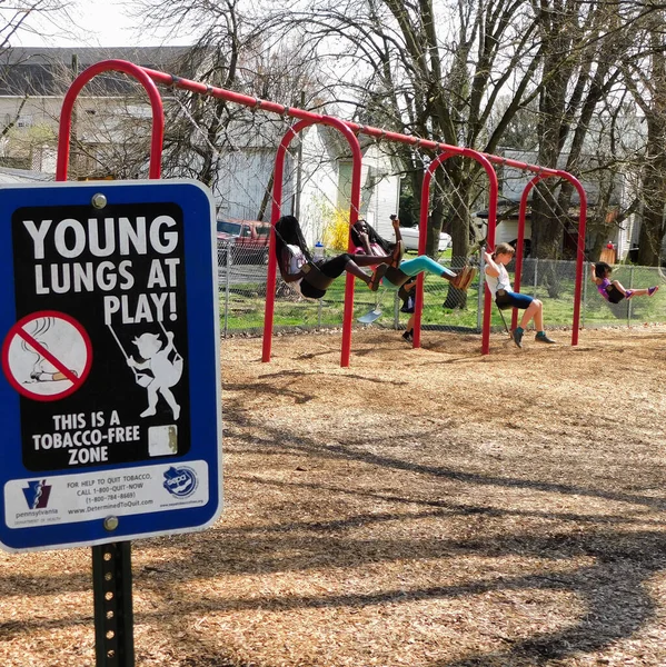 Çocuklar arka planda sallanırken Lititz Spring Parkı 'nda 