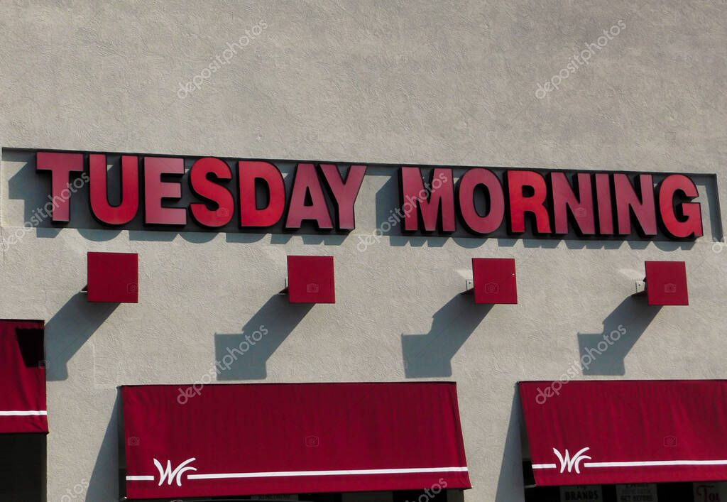 Tuesday Morning store logo on the front of the discount store, at the Wheatland Shopping Center in Lancaster, Pennsylvania