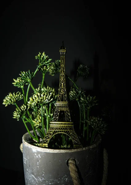 Miniature Model Eiffel Tower Places Artificial Flower Pot Black Isolated — Stock Photo, Image