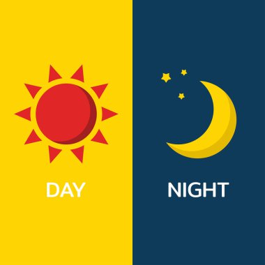 Gündüz ve Gece konsepti, güneş ve ay, vektör, illüstrasyon.
