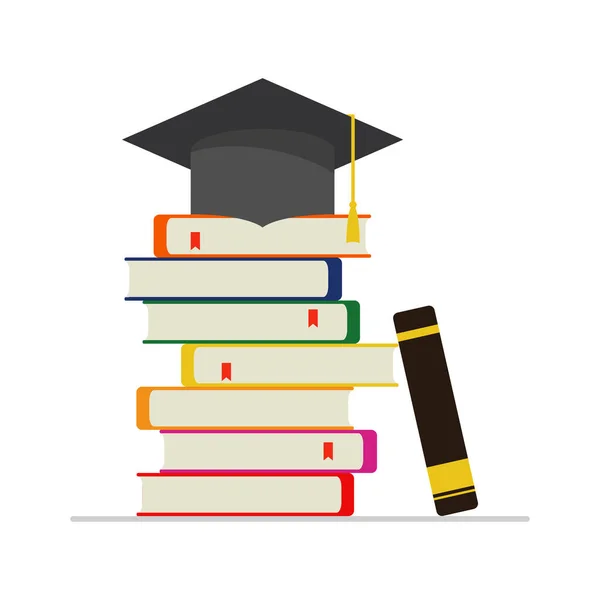 Kitaplar ve mezuniyet şapkası, bilgi ve eğitim, vektör, illüstrasyon.