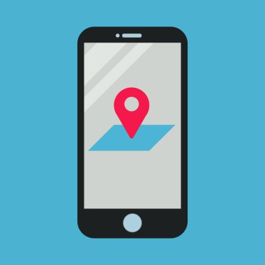 Akıllı telefon, vektör, illüstrasyon üzerinde mobil gezinme simgesi, harita ve kırmızı nokta.