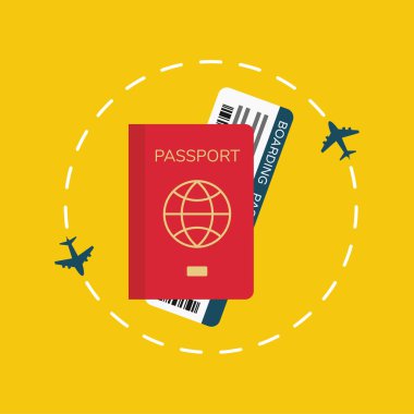 Biletli pasaport, dünya çapında seyahat konsept, vektör, illüstrasyon.