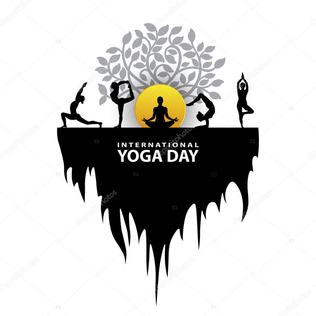 21 june-international yoga day,paper cut yoga body posture, human silhouette and sun rays, vector illustration - Vector