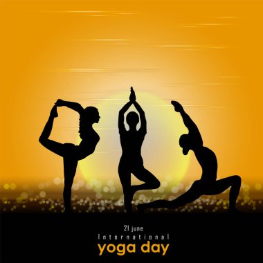 21 Haziran uluslararası yoga günü, yoga vücut duruşu, insan silueti ve güneş ışınları, vektör illüstrasyonu -
