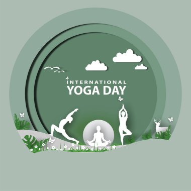 21 Haziran uluslararası yoga günü, kağıt kesiği yoga vücut duruşu, insan silueti ve güneş ışınları, vektör illüstrasyonu-