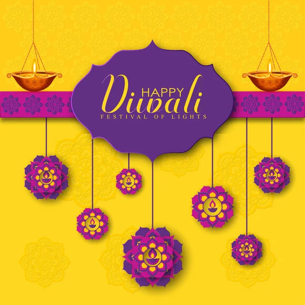 Απεικόνιση Της Καύσης Diya Φλόγες Happy Diwali Holiday Background Light — Διανυσματικό Αρχείο