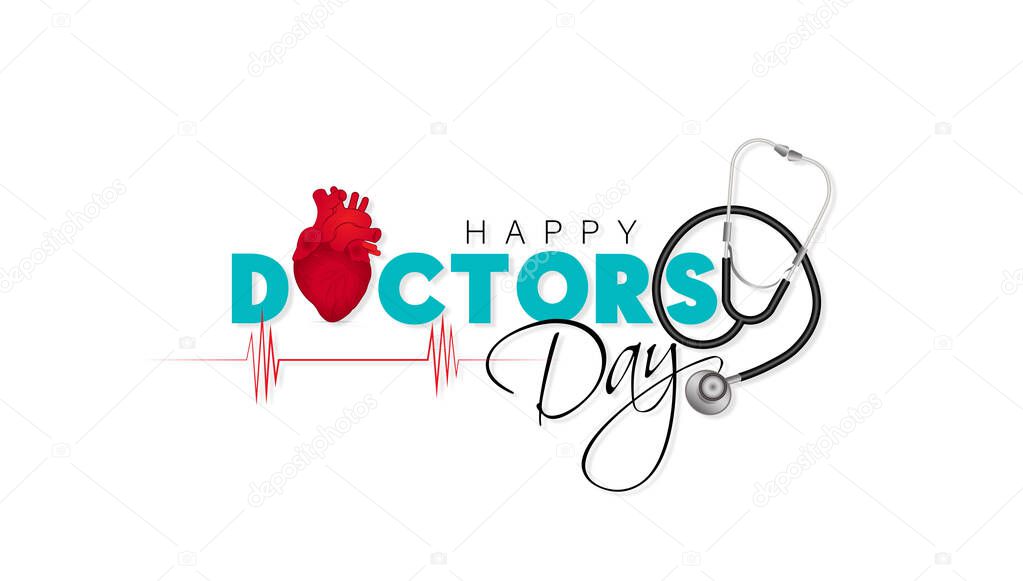 Doctor's Day.lettering of happy doctor's day with symbol of heart, and cross on white background. - Vector