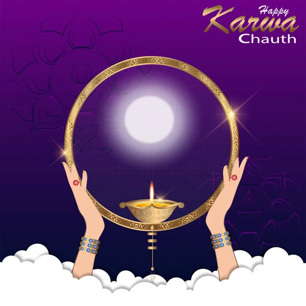 Tarjeta Del Festival Karwa Chauth Feliz Con Estilo Oro Fondo — Vector de stock