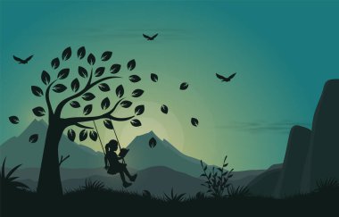 Güzel bir bahar manzarası. çocuk kitap okurken salıncakta oynuyor.