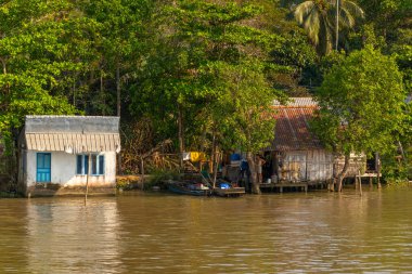 Mekong Delta / Vietnam - Mart 04: 2019: Mekong Nehri kıyısındaki tipik çiftçi ve balıkçı evleri.